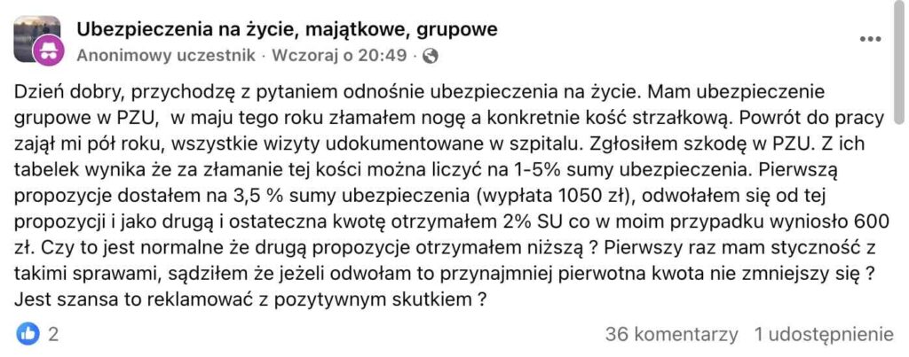 Ubezpieczenie grupowe PZU – ile naprawdę płaci za złamanie? Post na grupie na Facebooku